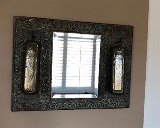 antique pressed metal dressing mirror with 2 suit brushes