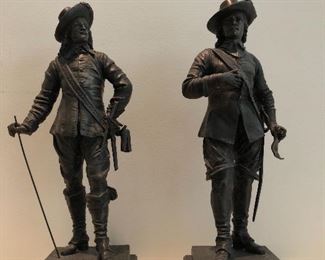 Vintage pair Musketeer figures on stone bases - bronze? spelter?