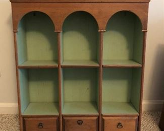 antique arched curio wall cabinet with interior green paint