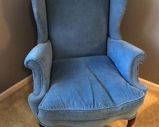 vintage wing back chair in blue corduroy