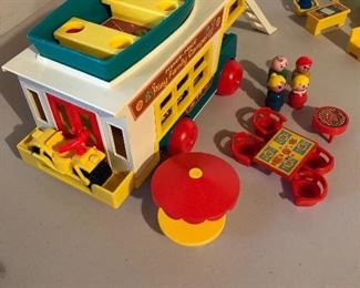 vintage Fisher Price Family Camper with boat, dirt bike & accessories