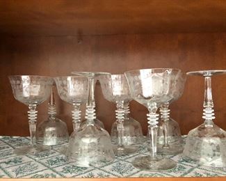 vintage etched white wine glasses, floral pattern set of 11