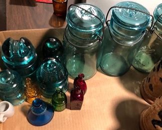 Blue & Green antique insulators & canning jars