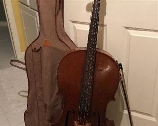 vintage Bausch bow & cello with Oskar C Meinel 1935 label - as is, needs some minor repairs, has been in family since 1940s