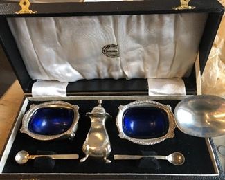 P Orr & Sons Madras sterling silver & cobalt liners master salt, pepper shaker, mustard pot & spoons in presentation box