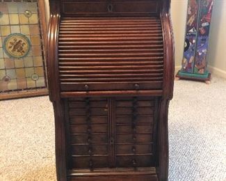 BUY IT NOW! $395 antique general store locking jewelry or watch cabinet with roll top and interior mirror 32”h x 19”w x 13”d