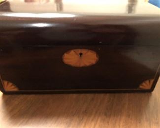 gorgeous antique English inlaid mahogany sewing box with silk lining 