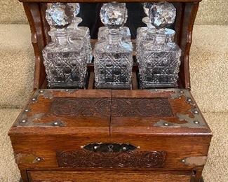 BUY IT NOW! $295 Victorian oak tantalus with 3 crystal decanters (1 as is) 