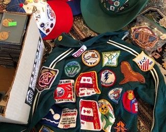 Vintage swimming jacket, patches, trading pins, medals. All from 1980s Hinsdale, Lyons, IL, YMCA, Olympic, 