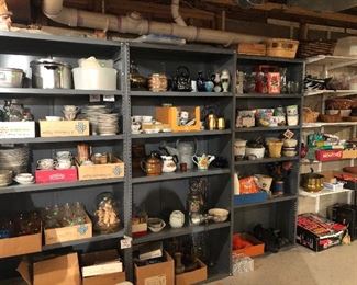 Basement is loaded - shelves of vintage brass, China, teacup sets, christmas, glass, decor