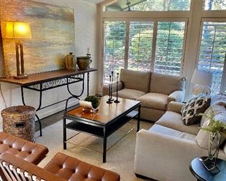 Wow!  Pair of Knoll Barcelona Chairs and a Dunbar Coffee Table by Edward Wormley, large sisal rug,Native American baskets, pair of gray loveseats