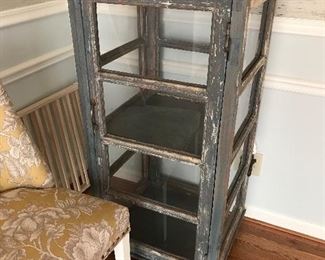 Distressed display cabinet glass shelves