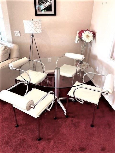 Chrome & Glass Dining set w/floating backrest leather chairs