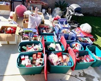 Bins filled with Hallmark collectibles, bulbs, lights, table decor, wrapping paper, gift bags & tags, etc.