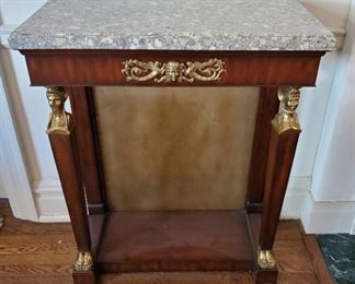 Marble topped side table - 34" tall x 28" wide x 13.5" deep