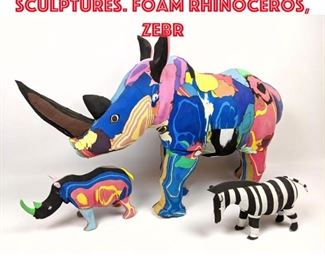 Lot 41 3pcs Patchwork Animal Sculptures. Foam Rhinoceros, Zebr
