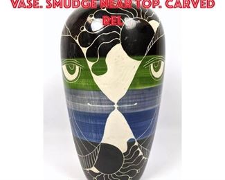 Lot 53 CURRAS 96 Art Pottery Vase. smudge near top. Carved rel