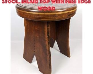 Lot 187 Artisan Made Wood Stool. Inlaid top with Free edge wood