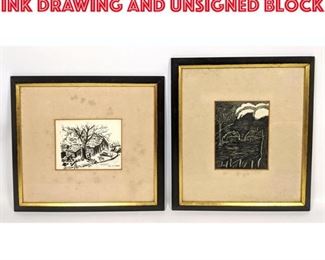 Lot 311 2pcs Art. ANNE GREENWALD Ink Drawing and Unsigned Block
