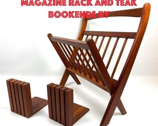 Lot 382 Danish Modern Style Magazine Rack and Teak bookends by 