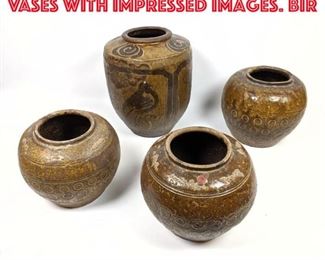 Lot 422 4pcs Stoneware pottery vases with impressed images. Bir