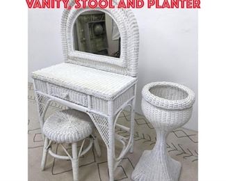 Lot 483 3pcs lot White Wicker Vanity, stool and Planter