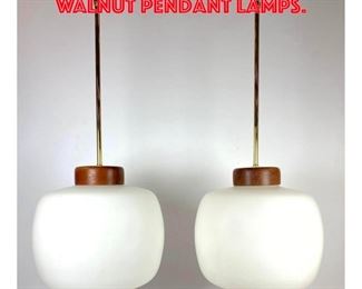 Lot 555 Pr Large White Glass and Walnut Pendant lamps.