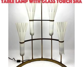 Lot 569 Vintage Four head Brass table lamp with glass torch sha
