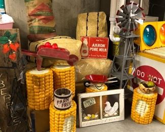 Sampling of the hundreds of farming/agriculture-themed items, including these giant corncob stools, weathervanes, stuffed hay bales, and more.