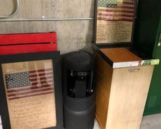 Ritter automatic air compressor unit (dental); vintage dental or barbershop cabinet by Paidar; framed American flag needlework.