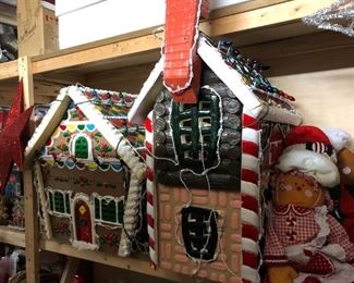 Two large light-up gingerbread houses.