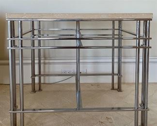 Item 5:  (2) Designer Steel and Travertine Side Tables - 30"l x 30"w x 26.5"h: $745/each