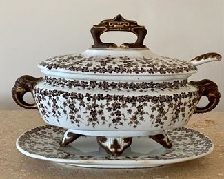 Item 42:  Antique 19thC Royal Worcester Brown Ivy Elephant Porcelain Transferware Gravy Tureen with Spoon - 6.5": $225