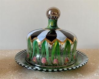 Item 39:  MacKenzie Childs Glass Circus Tulips Glass Dome W/ Glass Gold Plate Dated Signed - 5.5": $95