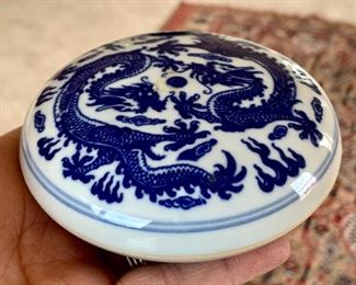 Item 79:  Chinese, cobalt and white, lidded trinket bowl: $28