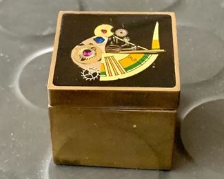 Item 98:  Tiny brass box with mechanical watch components under glass on lid - 1.5" x 1.25": $25