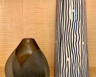 Item 149:  Two Stylish Vases - Short, Frosted Gray Vase, and Tall Black and White Striped Vase: $65