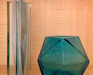Item 150:  Tall Modernist Glass and Brushed Chrome Vase and Short Aqua Angular Vase: $44