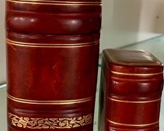 Item 152:  Miniature Leather Library Boxes - burgundy with gold trim:  $24/Pair                                                                                    Tallest - 4"                     