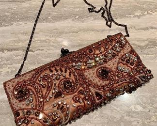 Item 161:  Vintage Ornate Cross Body Purse by Moyna Couture, brown bejeweled: $45