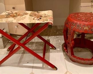 Item 198:  Lacquer End Table - Cinnabar Painted Floral Scenes - China Garden Stool style - Great functional decor for any Asian decor - 14" x 17": $195                                                                   Item 199:  Asian Folding Bench - 19.5" x 18": $45