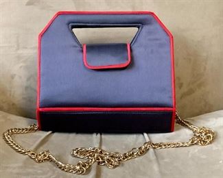 Item 181:  Victor Costa Crossbody Purse, Blue Satin with Red Piping: $38