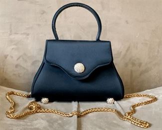 Item 182:  Black Satin Crossbody Evening Bag with Rhinestone Clasp and Feet: $125