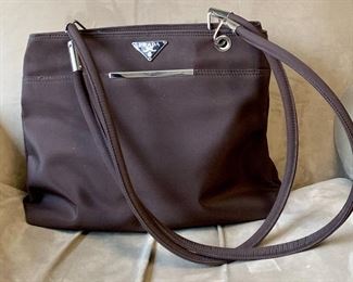 Item 190:  Prada, Brown Nylon Shoulder Bag with Silver Accents: $195