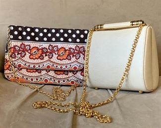 Item 192a;  Fabric Bag with Chain: $14                                                 Item 192b:  Vintage White Cross Body, Hard Case with Gold Chain: $25