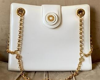 Item 196:  Vintage White Tiffany Purse with Gold Chain: $195