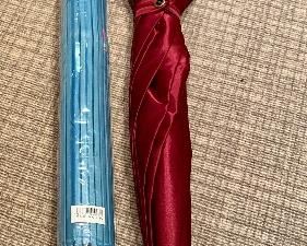 Item 206:  Aqua paper parasol and Charles Jourdan Mallard Duck Umbrella - burgundy satin: $22
