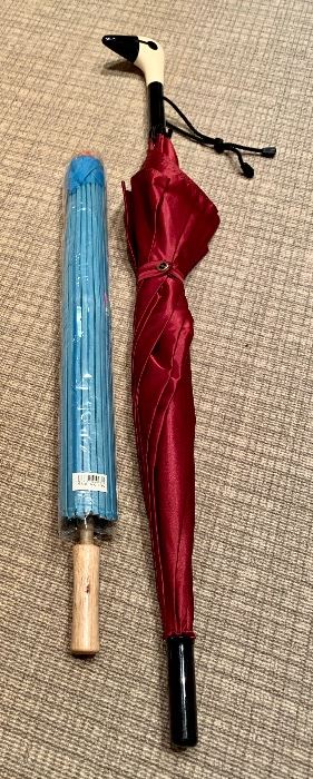 Item 206:  Aqua paper parasol and Charles Jourdan Mallard Duck Umbrella - burgundy satin: $22