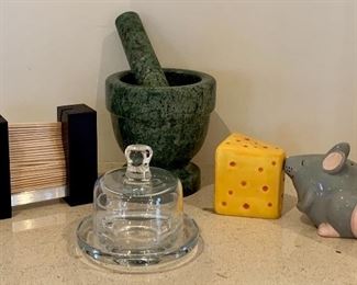 Item 108:  Zanazan Toothpick holder, Lidded Butter Dish, Magnetic Mouse and Cheese and Marble Mortar and Pestle: $55