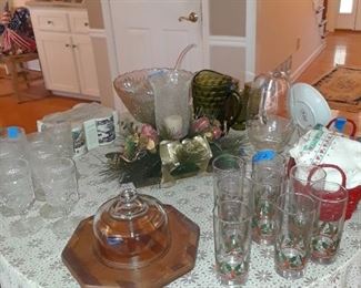 Cheese dome and tray, Christmas centerpiece, Christmas towels